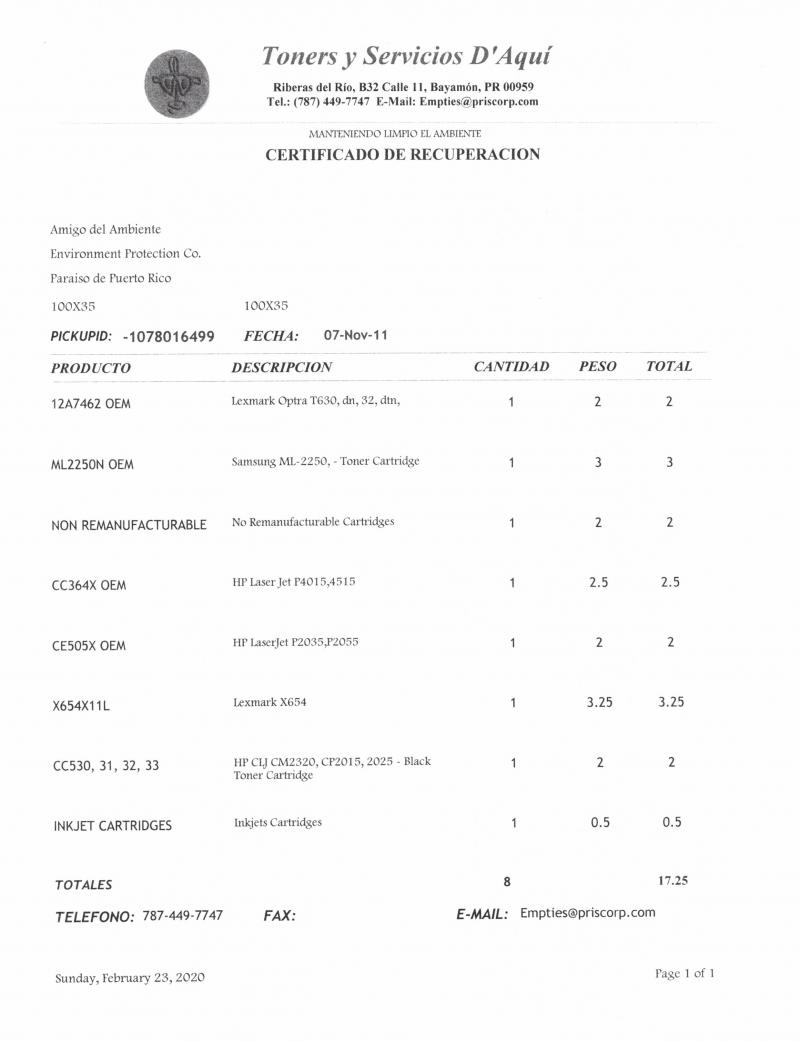 RECOVERY CERTIFICATE